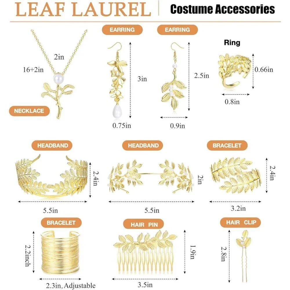 Greek Goddess Accessories Set Gold Laurel Leaf Headband Earrings Necklace